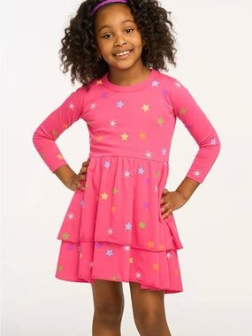 Chaser Hot Pink Rainbow Star Print Tiered Knit Long Sleeve Dress